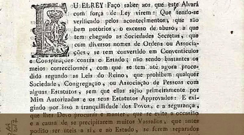 Alvará do Rei D. João VI proibindo Sociedades Secretas