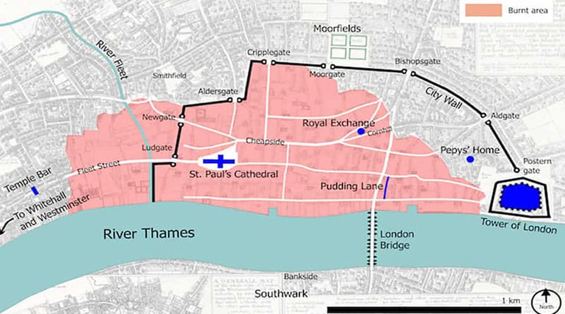 Mapa da área afectada pelo Grande Incêndio de 1666