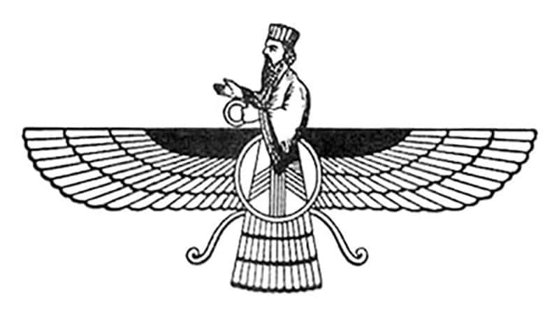 Fig. 1 – O Faravahar (ou Ferohar), representação da alma humana antes do nascimento e depois da morte, é um dos símbolos do zoroastrismo. A criatura alada simboliza a verdade do ser humano, a sua grandeza e potencial. A coroa sendo a sua autonomia, as asas as possibilidades infinitas e o círculo a perfeição que traz em si.