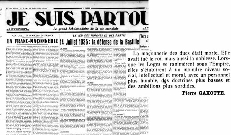 Fig. 3: Primeira página do número de 24 de Junho de 1935, com destaque do artigo de Pierre Gaxotte sobre a Maçonaria