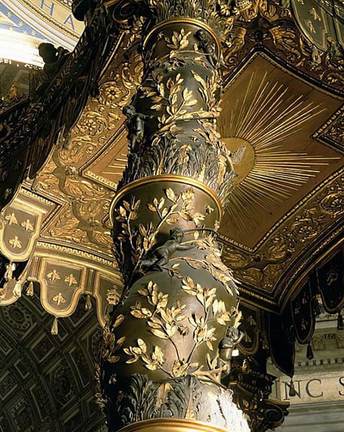 Coluna de açúcar de cevada do Baldacchino, com folhas de louro e putti perseguindo as abelhas, 1633 (bronze)