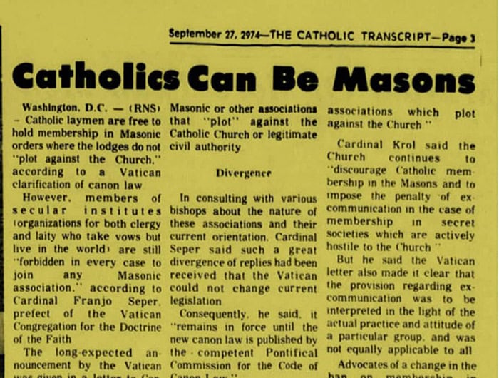 Do Catholic Transcript (jornal da Arquidiocese de Hartford), 27 de Setembro de 1974, página 3. Digitalização através do Catholic News Archive, domínio público