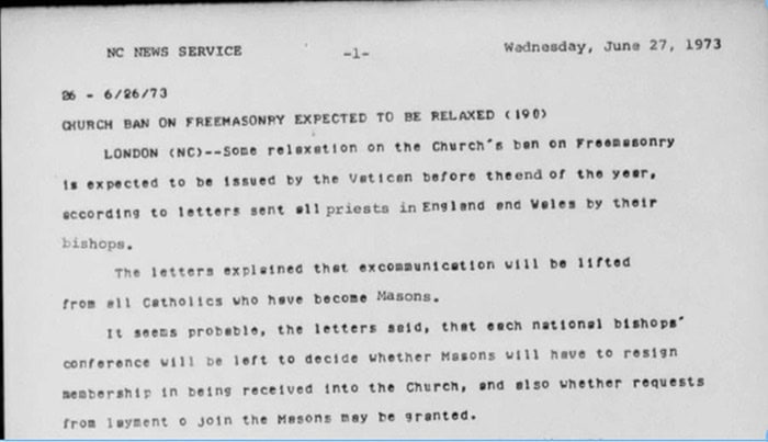 Serviço Nacional de Notícias Católicas (da Conferência Episcopal dos Estados Unidos), 27 de Junho de 1973, cópia electrónica página 1. Digitalização através do Catholic News Archive, domínio público
