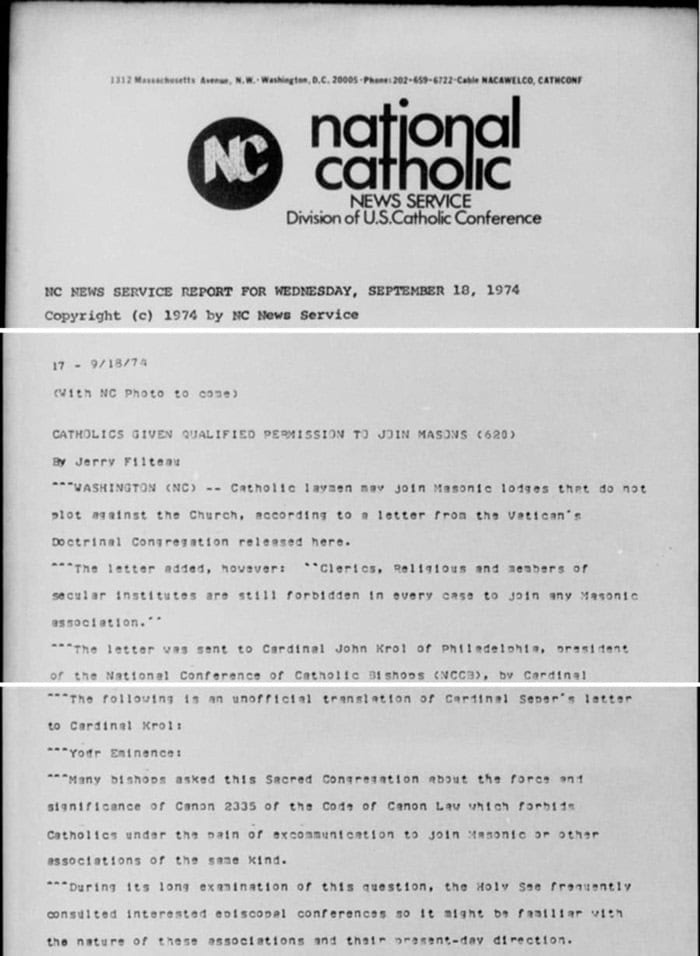 Cópia do telegrama do National Catholic News Service de 18 de Setembro de 1974, anunciando a mudança. Digitalização através do Catholic News Archive, domínio público