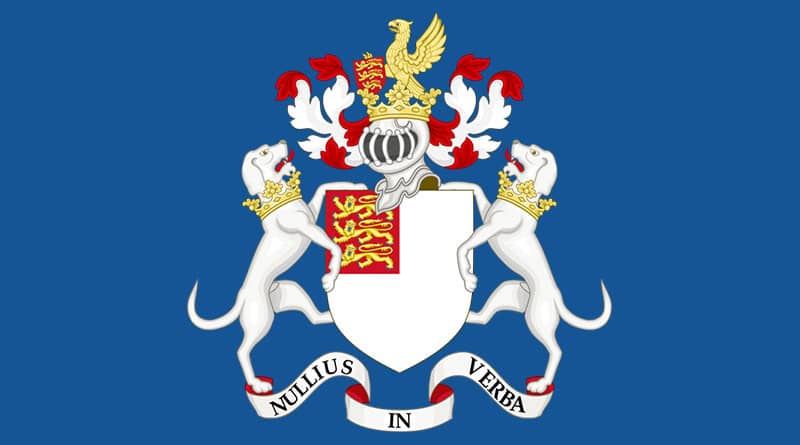 Brasão com o lema da Royal Society, Nullius in Verba
