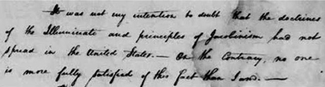 Parte da carta original escrita por George Washington sobre o Illuminati