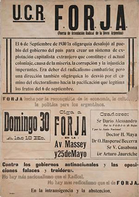 Figura 2 – Cartaz da FORJA - Fonte: Museo del Bicentenario. Afiche correspondiente a la Agrupación “F.O.R.J.A.”, de la Unión Cívica Radical, en oposición al golpe de estado de 1930. 2012. Disponível em: https://commons.wikimedia.org/wiki/File:Museo_del_Bicentenario_-_Afiche_FORJA.jpg